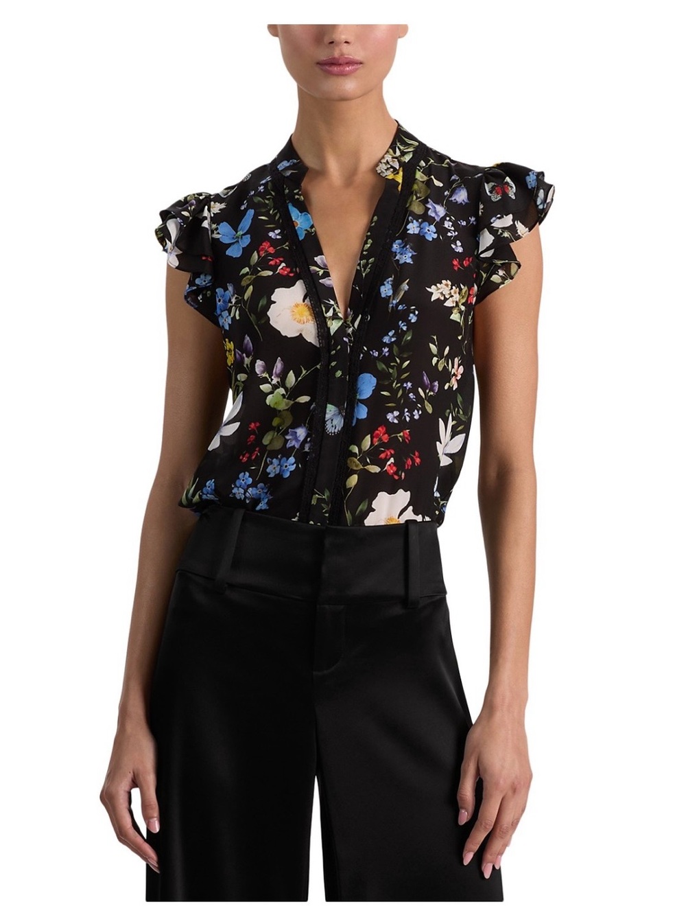 Alice and Olivia V-Neck Ruffle Sleeve Blouse - Black Multi NWT size   XS